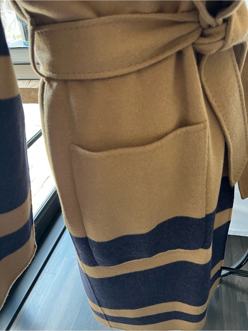La Ligne Camel and Dark Navy  Striped Hooded Belted Wrap Coat Reversible  size S - Picture 5 of 11